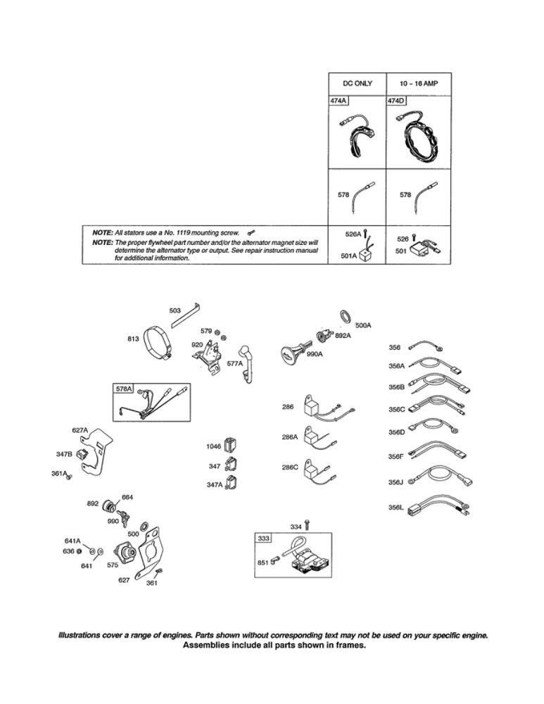 Alternator/Magneto Armature Diagram and Parts List for 204412-0163-01  Briggs and Stratton Engine